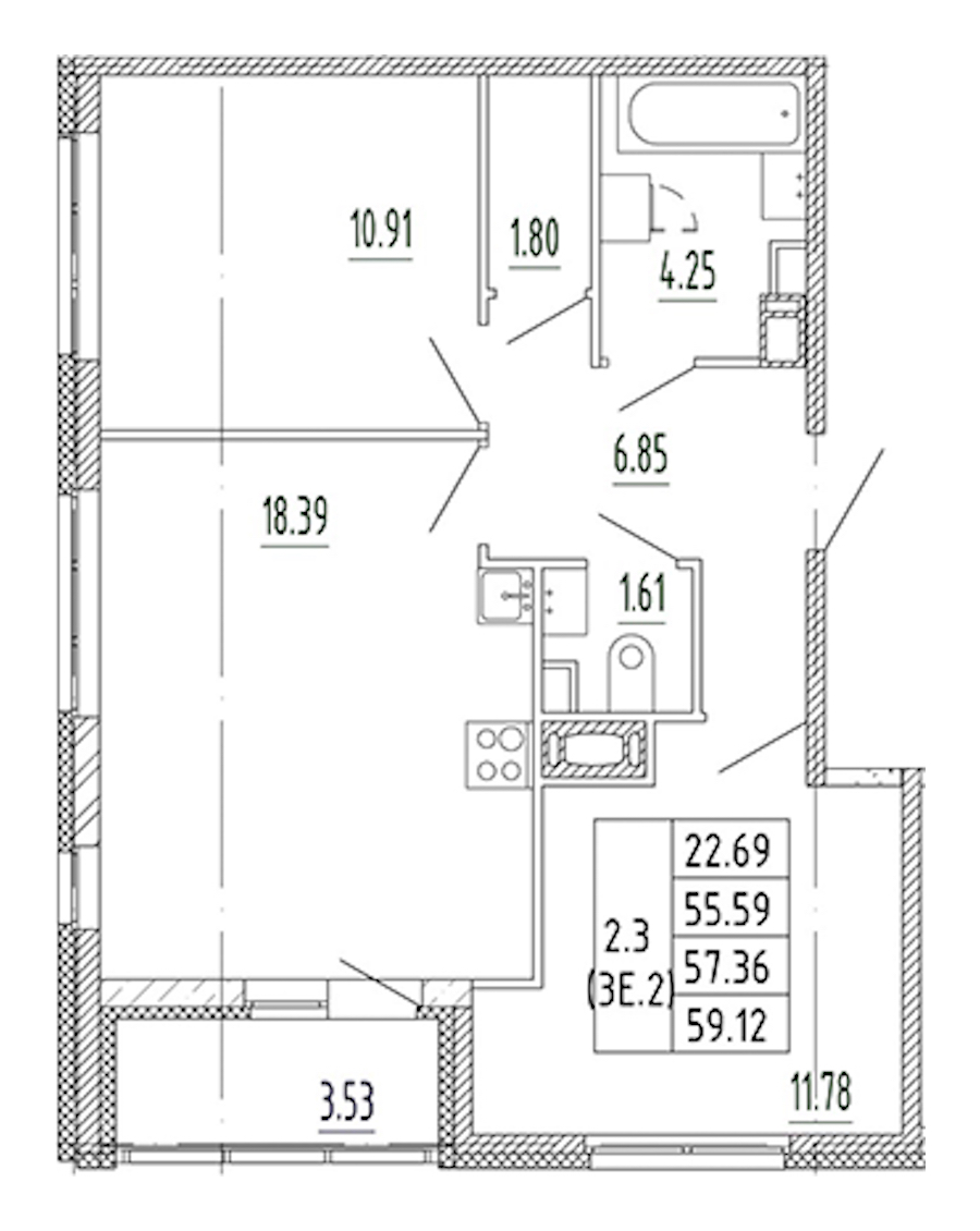 2-комнатная квартира 55.59 м², 9/10 эт., ЖК «Полис Приморский 2»